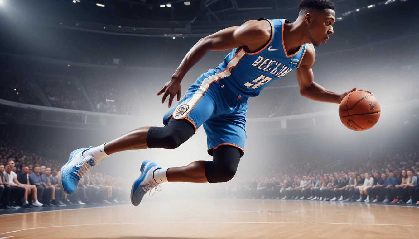 Basketball player mid-jump wearing Nike shoes with Zoom Air, emphasizing agility and explosive performance.