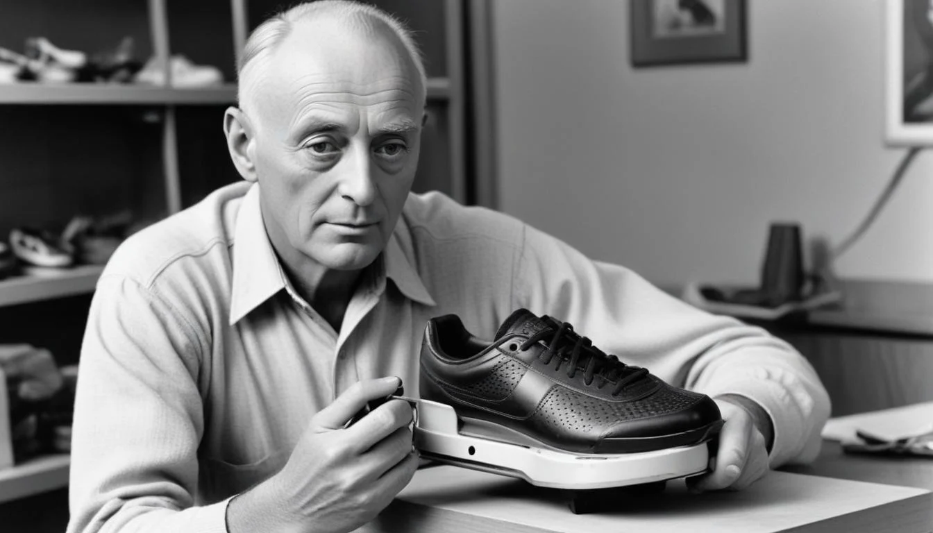 Bill Bowerman holding early shoe prototype, symbolizing Nike's innovative start.
