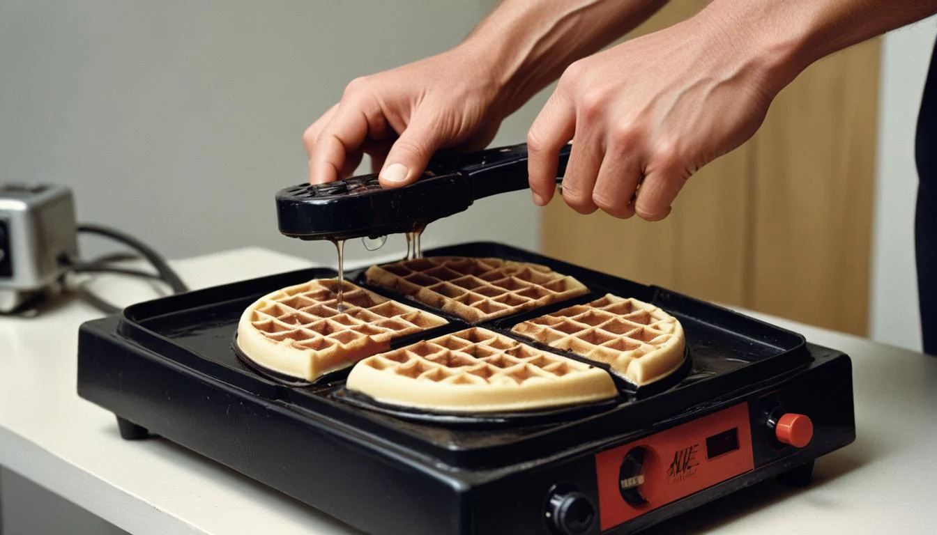 Historical image of Bill Bowerman experimenting with a waffle iron to create the first Nike Waffle sole prototype.
