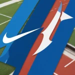 Split image showing Blue Ribbon Sports logo and Nike Swoosh, representing brand evolution.
