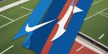 Split image showing Blue Ribbon Sports logo and Nike Swoosh, representing brand evolution.