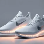 Futuristic Nike sneaker with smart tech, sustainable materials, and advanced cushioning