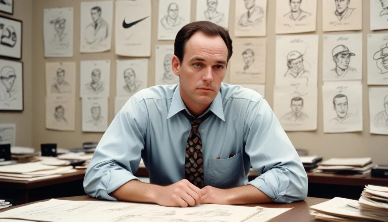 Vintage photo of Jeff Johnson, BRS's first employee, contemplating Nike name and logo designs.