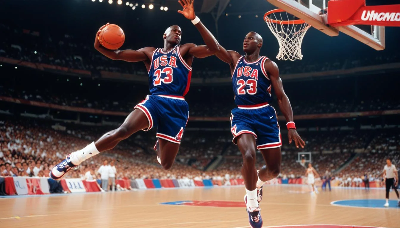 Michael Jordan slam dunking in Nike shoes at 1992 Barcelona Olympics