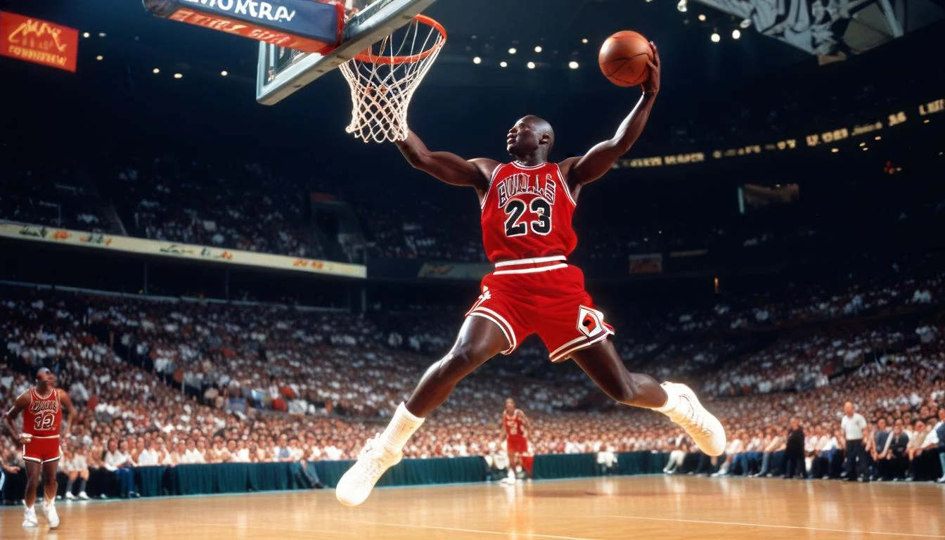 Michael Jordan in action, wearing Air Jordan sneakers, symbolizing Nike's iconic partnership.