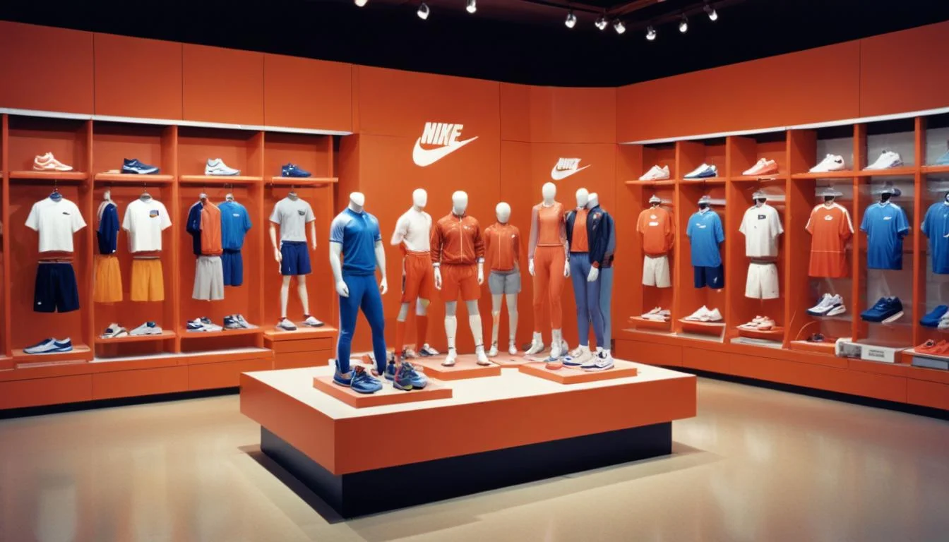 Modern Nike store display with diverse apparel, showcasing brand evolution from its 1970s origins.