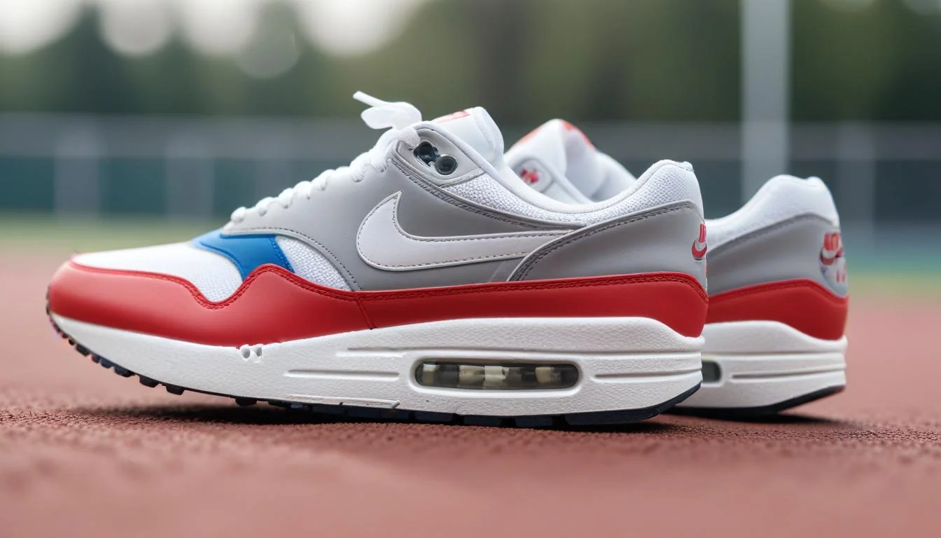First Nike Air Max 1 shoe on a running track, emphasizing its visible air unit and historical significance in athletic footwear design.