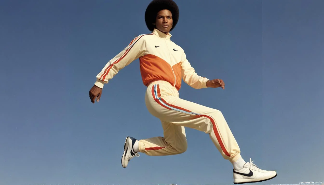 Late 1970s Nike advertisement featuring athlete in full Nike tracksuit and running shoes.