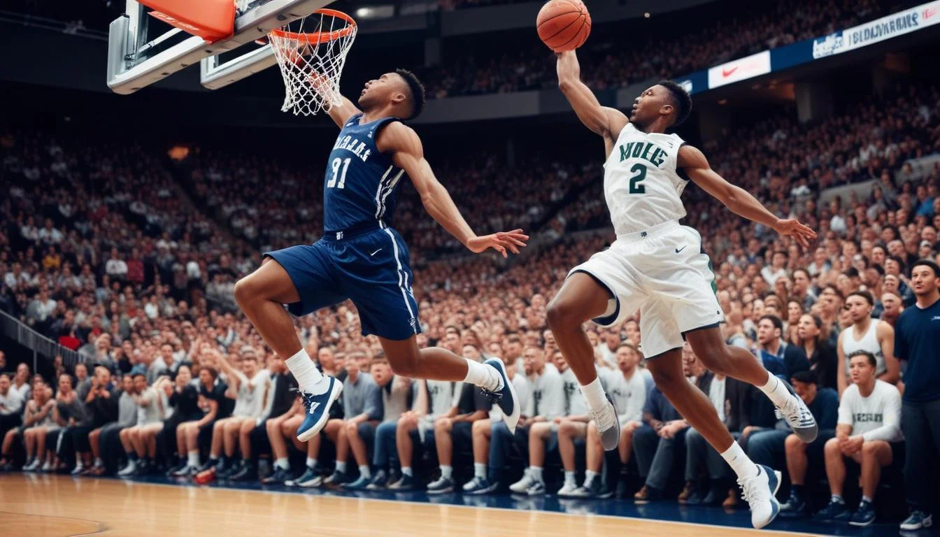 Basketball player in Nike gear performing a dunk