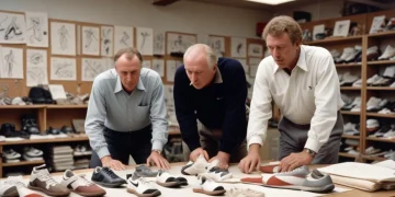 Nike co-founders Bill Bowerman and Phil Knight reviewing early shoe designs