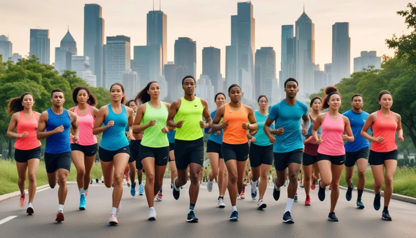 Diverse athletes in sustainable Nike apparel at a community run