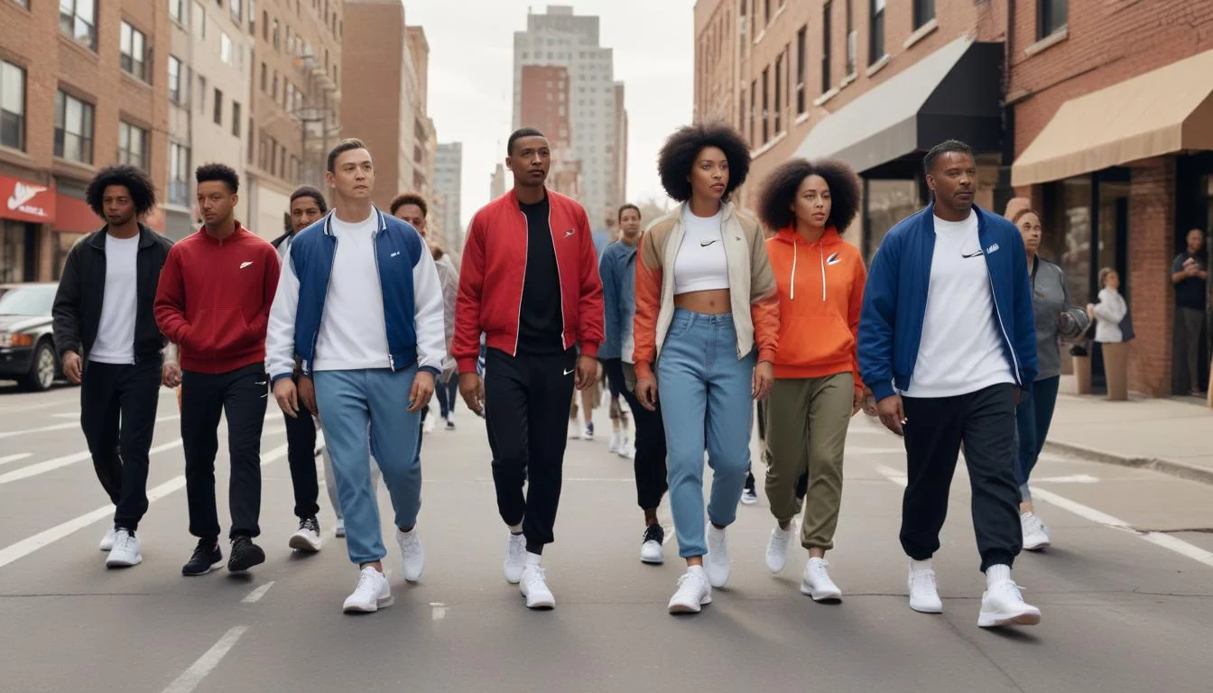 Diverse individuals wearing Nike Cortez sneakers on an urban street.
