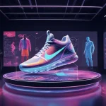 Futuristic Nike digital marketing strategy with holographic displays and data analytics