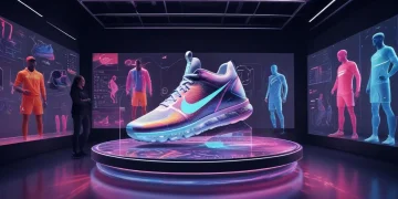 Futuristic Nike digital marketing strategy with holographic displays and data analytics