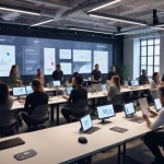 Nike employees collaborating in a modern office, engaged in a workforce development workshop