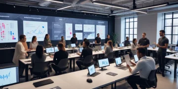 Nike employees collaborating in a modern office, engaged in a workforce development workshop