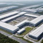 Aerial view of a vast Nike factory complex in Southeast Asia, highlighting global manufacturing scale.