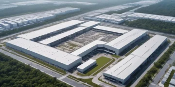 Aerial view of a vast Nike factory complex in Southeast Asia, highlighting global manufacturing scale.