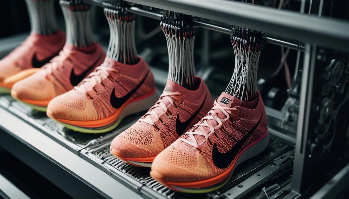 Nike Flyknit machine weaving intricate shoe upper textiles with automation.