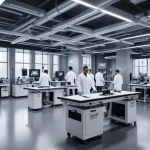 Modern Nike innovation lab with advanced technology and researchers