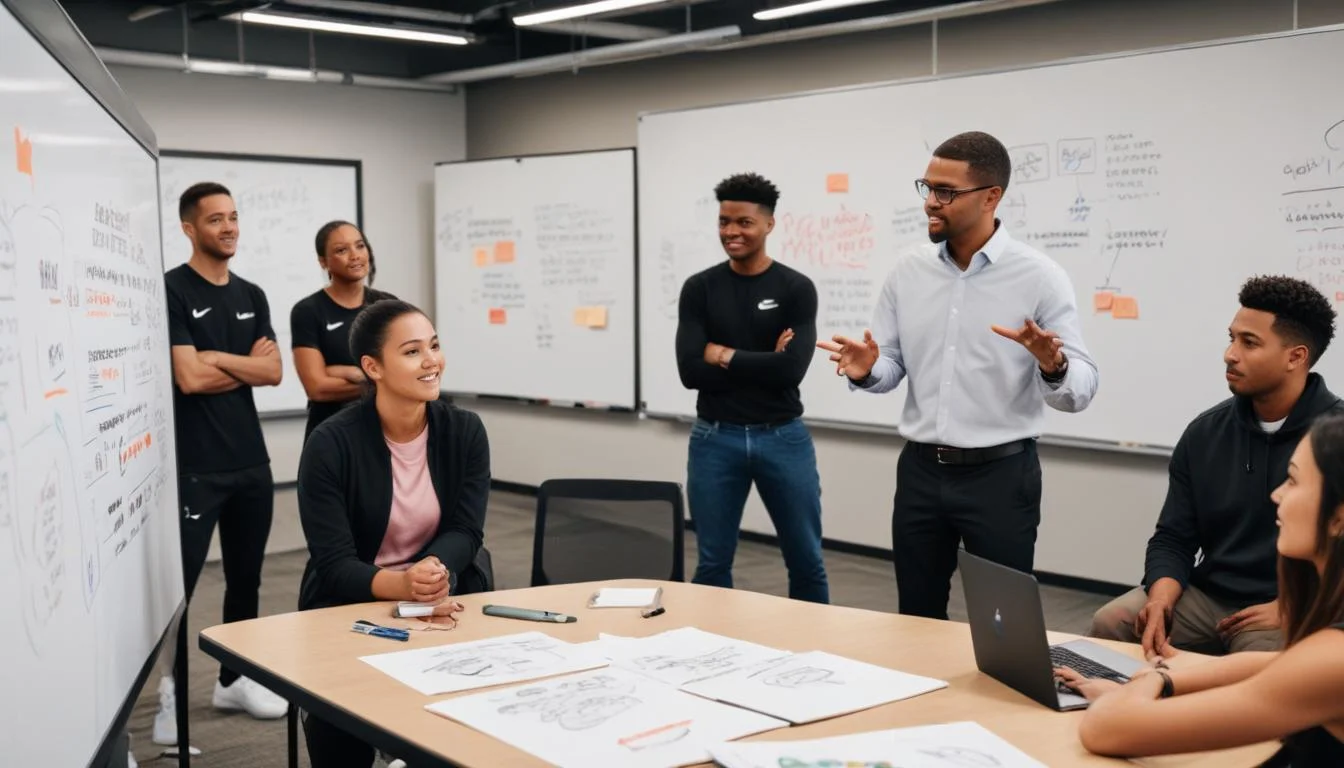 Diverse Nike employees in a mentorship session, senior guiding junior colleague