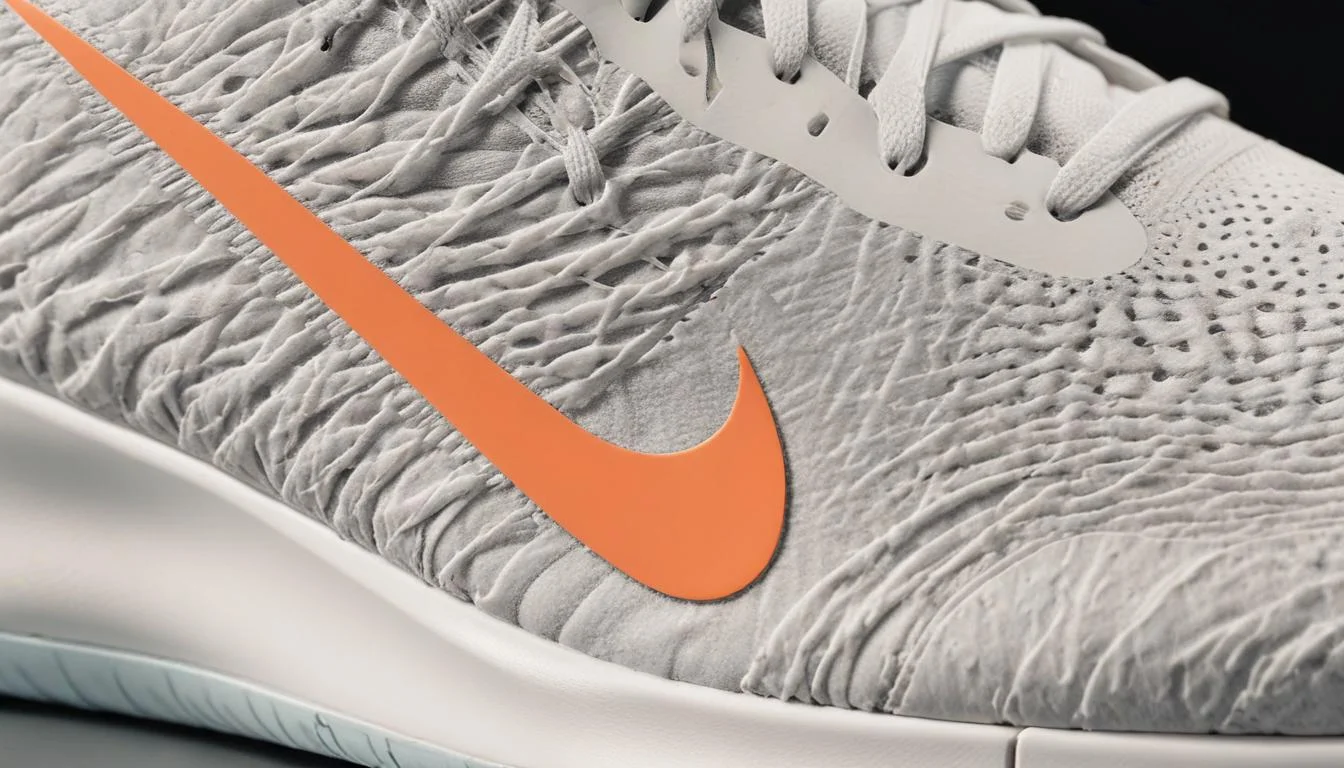 Close-up of Nike shoe upper made from innovative recycled material, highlighting texture and sustainable design.