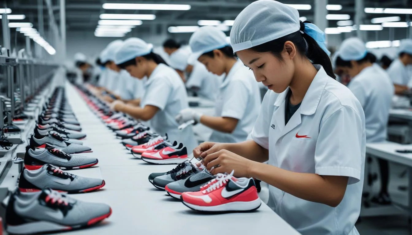 Skilled workers assembling Nike shoes on a modern production line in a Vietnamese factory.