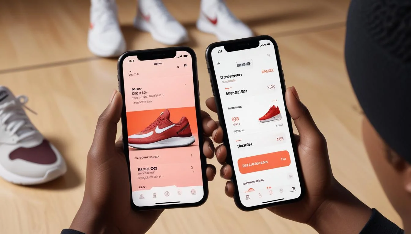 Nike SNKRS app on smartphone showing new sneaker release countdown, a person in Nike hoodie in background.