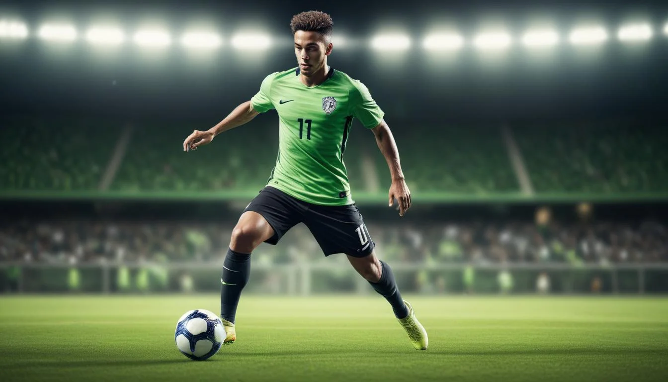 Soccer player dribbling in Nike jersey and cleats
