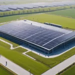 Nike factory with solar panels and green landscape, symbolizing sustainable manufacturing and eco-conscious athletic wear.