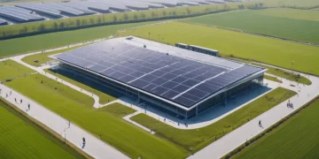 Nike factory with solar panels and green landscape, symbolizing sustainable manufacturing and eco-conscious athletic wear.