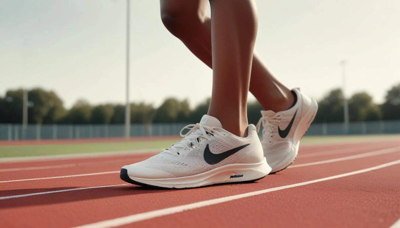 Athlete running in Nike sustainable shoes on recycled track, showcasing eco-friendly design and performance.