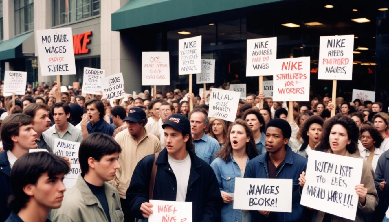 Protesters outside a Nike store in the 1990s demanding fair labor practices