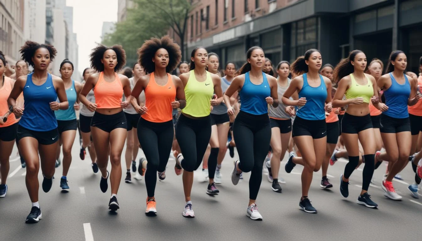 Diverse group in Nike athletic wear running in urban event, showing community and global brand reach.