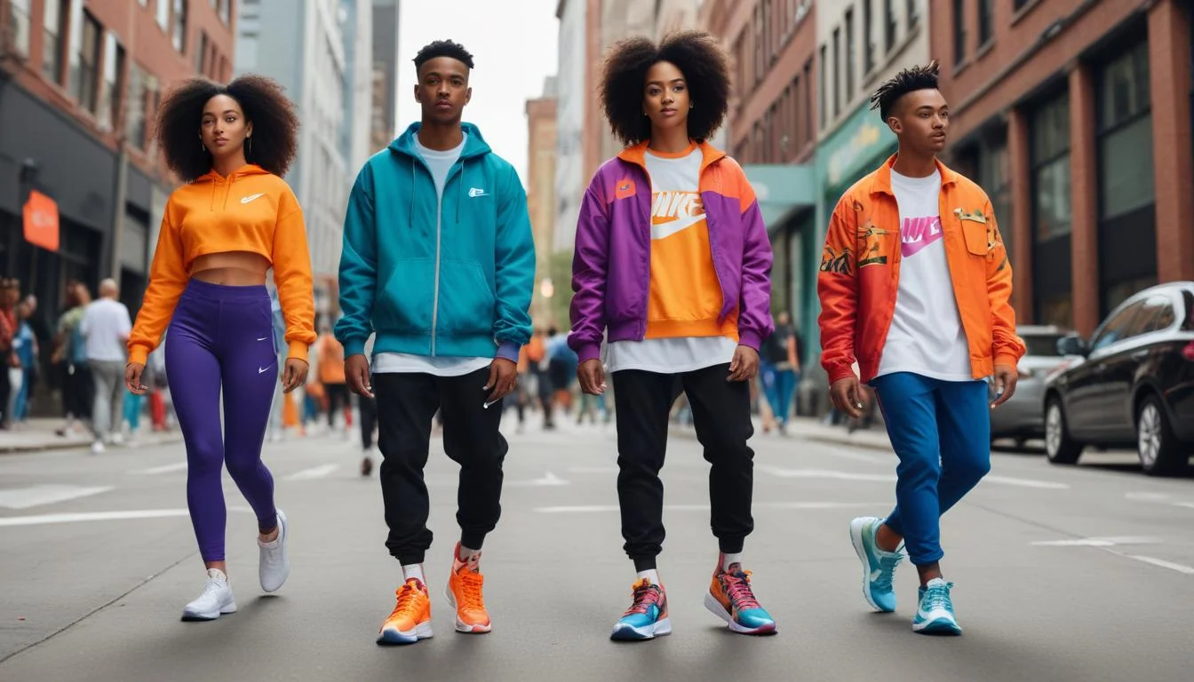 Diverse individuals wearing custom-designed Nike sneakers in city