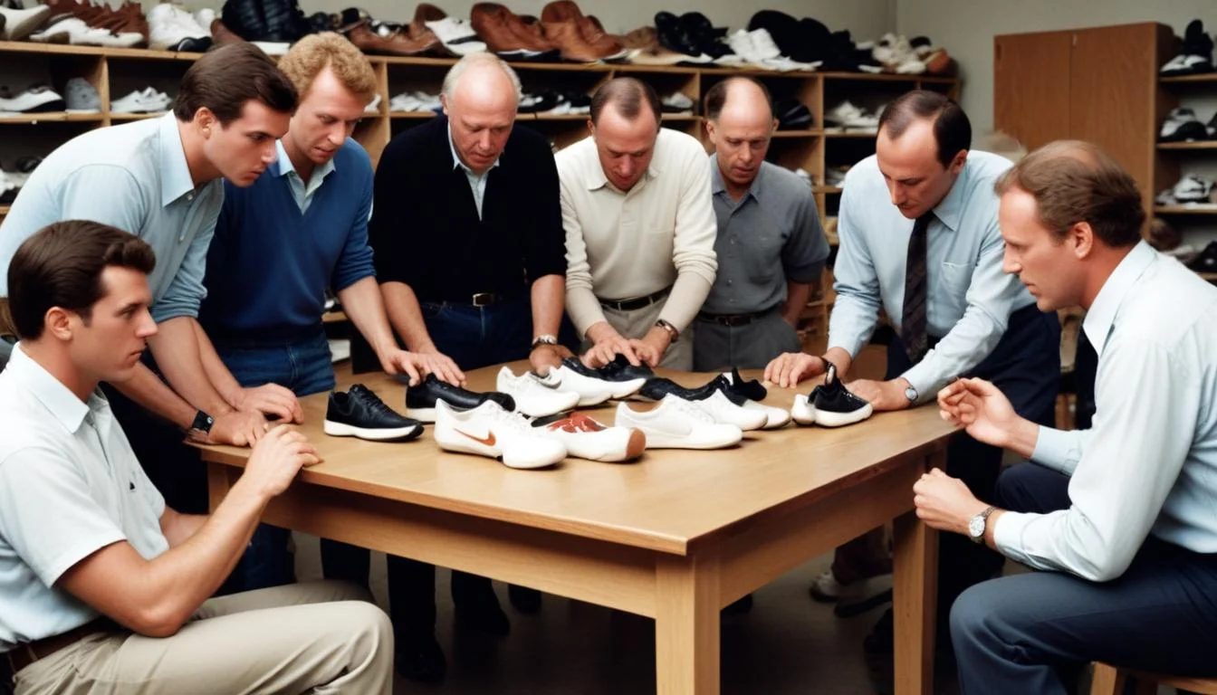 Phil Knight and Bill Bowerman examining early Nike shoe prototypes with team