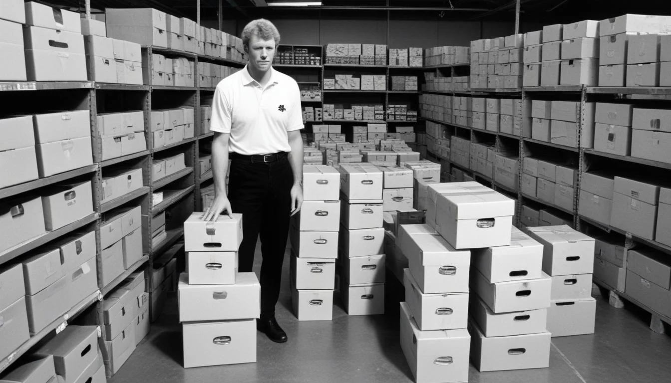 Phil Knight in early Blue Ribbon Sports warehouse, stacked shoe boxes