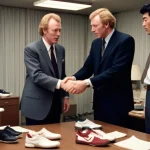 Phil Knight shaking hands with Japanese manufacturer, early shoe deal