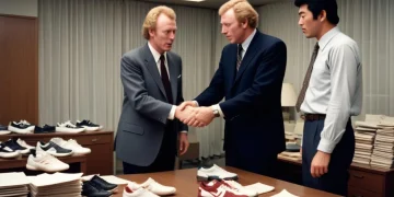 Phil Knight shaking hands with Japanese manufacturer, early shoe deal
