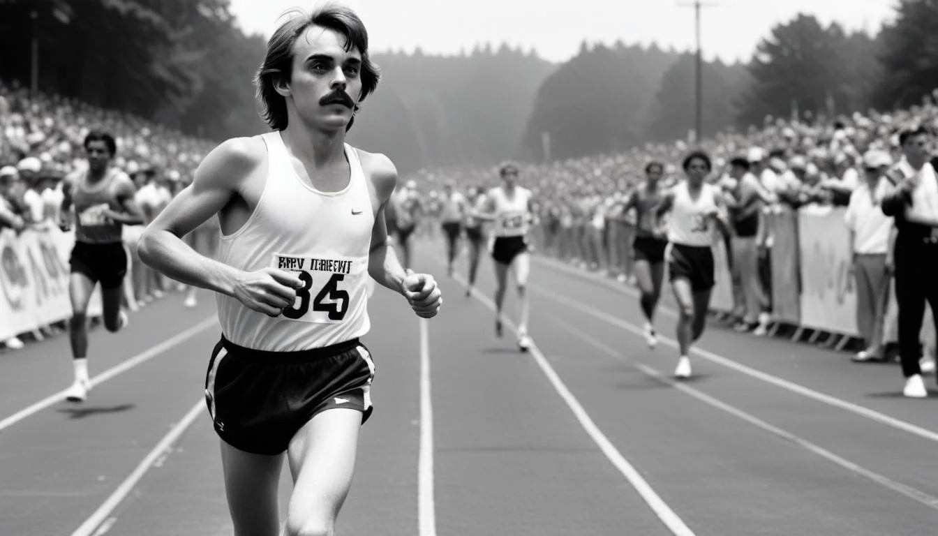 Steve Prefontaine running in early Nike shoes, embodying athletic determination