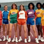 Vintage Nike apparel from the 1970s, showcasing tracksuits and athletic wear on a retro running track.