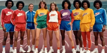 Vintage Nike apparel from the 1970s, showcasing tracksuits and athletic wear on a retro running track.