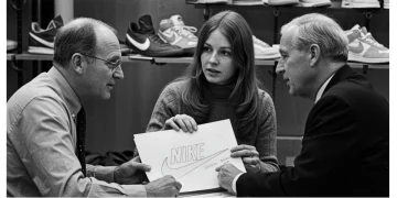 Carolyn Davidson presenting the original Nike Swoosh design to Nike founders in 1971.