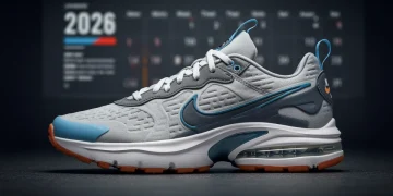 Futuristic Nike sneaker with 2026 release calendar overlay