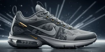 Futuristic Nike sneaker with glowing tech elements and advanced material textures, symbolizing innovation.