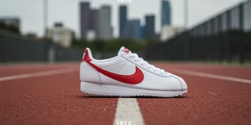 Classic white and red Nike Cortez sneaker against an urban background, symbolizing its 1972 debut and 2026 relevance.