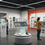 Futuristic Nike ID studio with consumers customizing sneakers on interactive screens, illustrating expanded options for 2026.