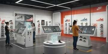 Futuristic Nike ID studio with consumers customizing sneakers on interactive screens, illustrating expanded options for 2026.