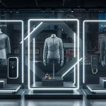 Futuristic Nike store display with innovative footwear, apparel, and tech products for Q1 2026