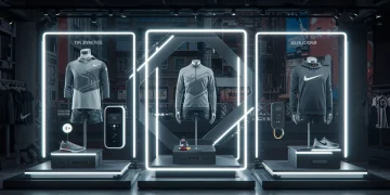 Futuristic Nike store display with innovative footwear, apparel, and tech products for Q1 2026